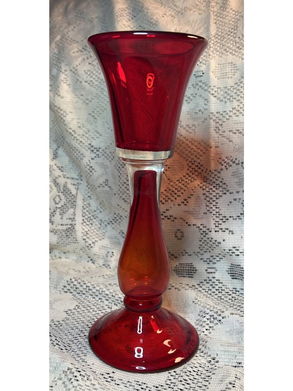 Vintage Ruby Red Blown Glass Reversible Votive Taper Candle Sticks Holders